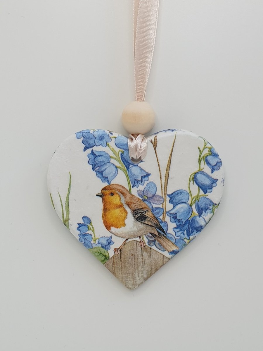 Robin decoration, clay heart hanging decoration, gift for a bird lover