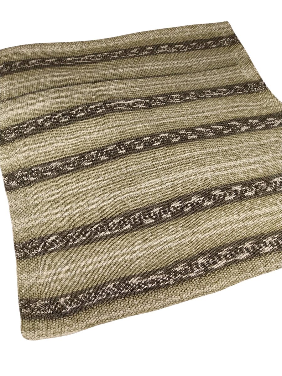 Hand Knitted Baby Blanket Green and Cream Fair Isle Pram Blanket 30x33 inches