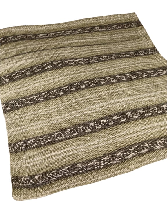 Hand Knitted Baby Blanket Green and Cream Fair Isle Pram Blanket 30x33 inches