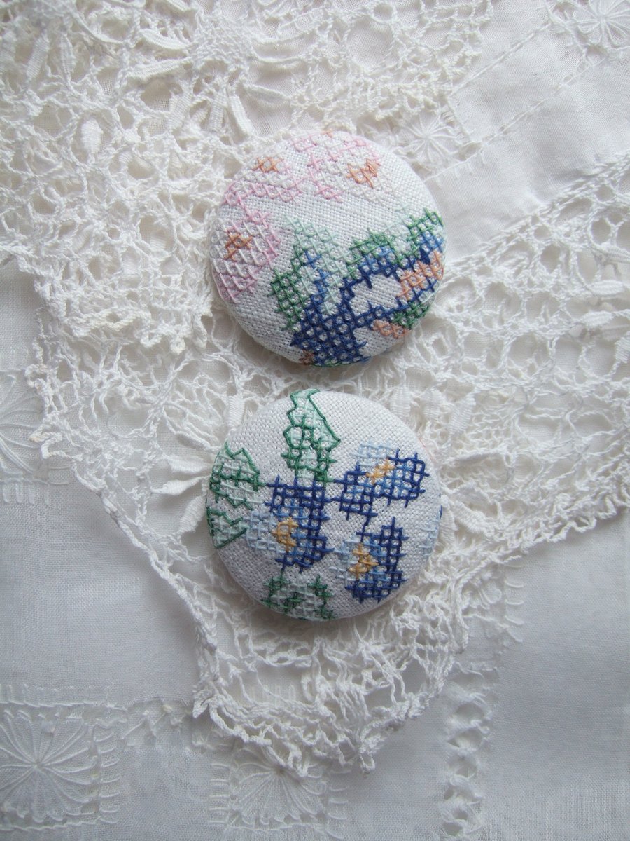 2 Jumbo, extra large buttons covered in vintage embroidery. 