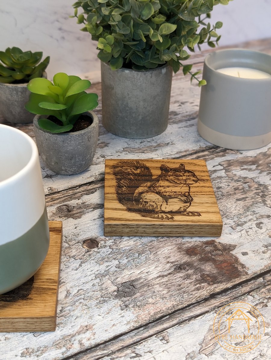 Set of 4 Wooden Coasters - Solid Oak Coaster - Engraved Woodland Animal Coaster 