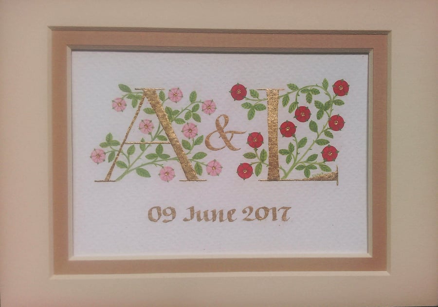 Two 23c gold leaf initials with pink and red roses handmade wedding gift