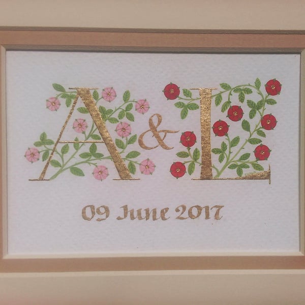 Two 23c gold leaf initials with pink and red roses handmade wedding gift