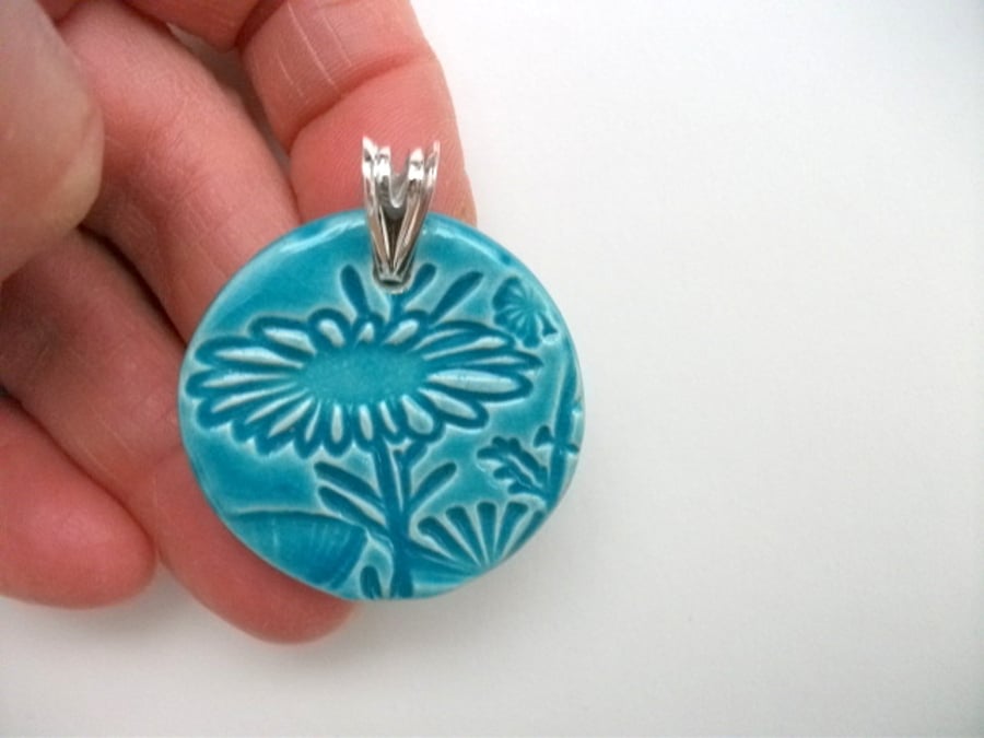 SALE Ceramic round truquoise pendant on sterling silver bail