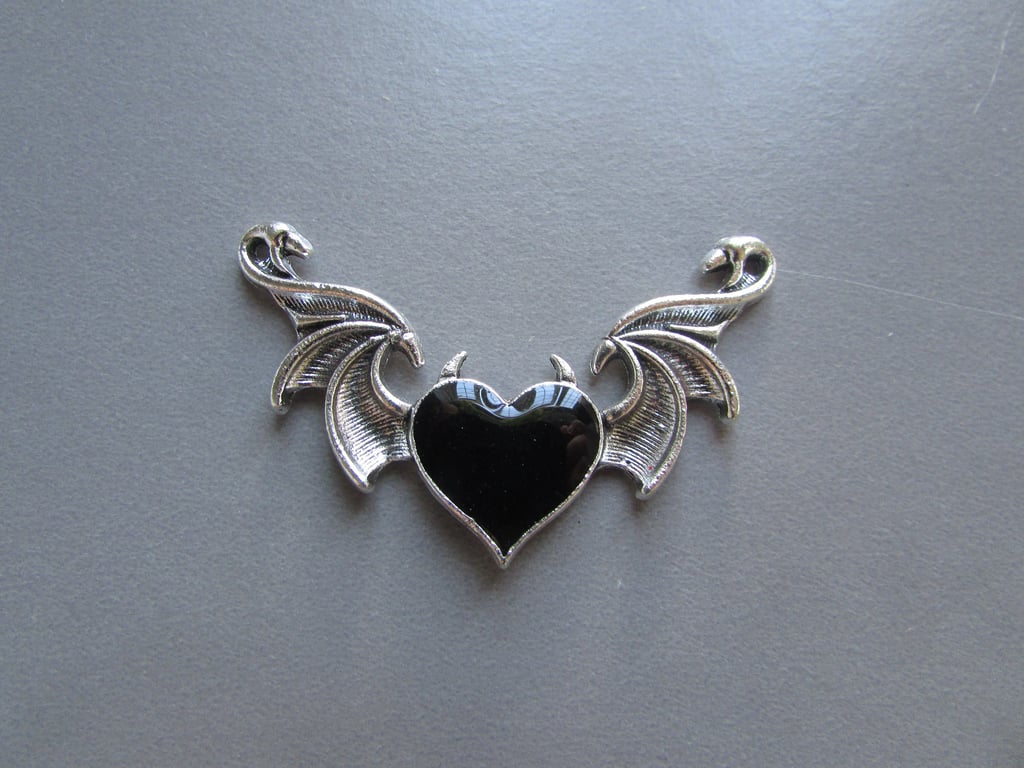 Silver & Black Winged Heart Tibetan Jewellery Charm