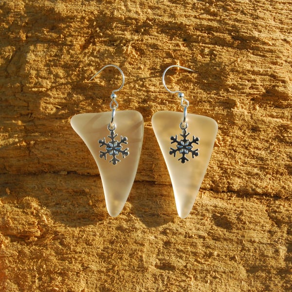 Beach glass earrings with snowflake charms