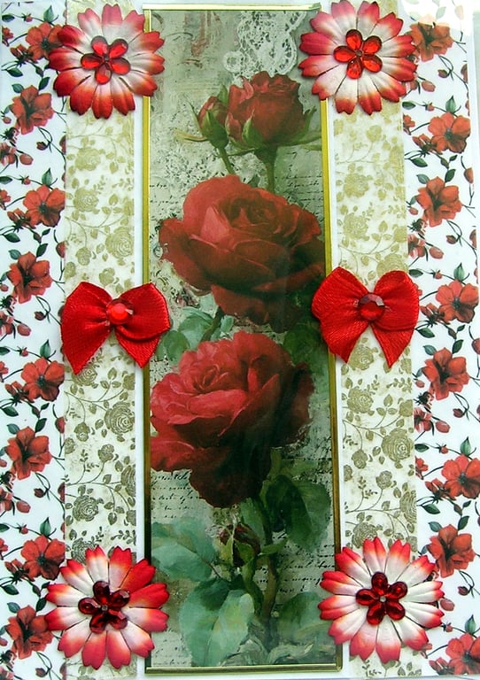Red Rose Flowers - Hand Crafted Decoupage Greeting Card - Blank 3781