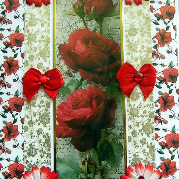 Red Rose Flowers - Hand Crafted Decoupage Greeting Card - Blank 3781