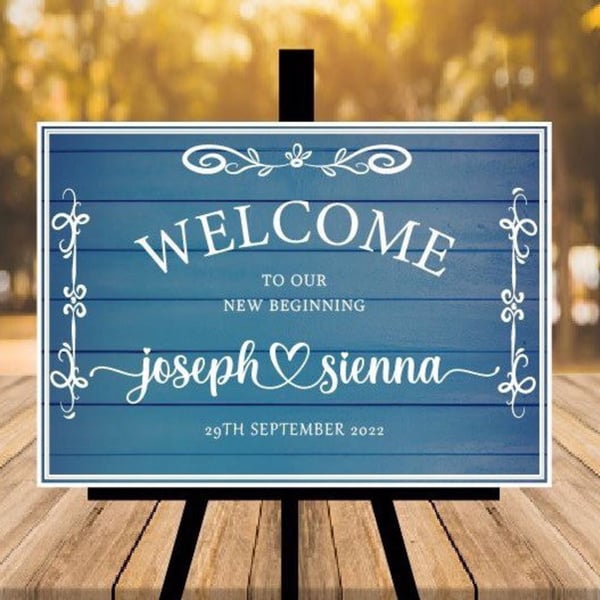 Personalised A2 Rustic Wedding Sign - Blue Design.