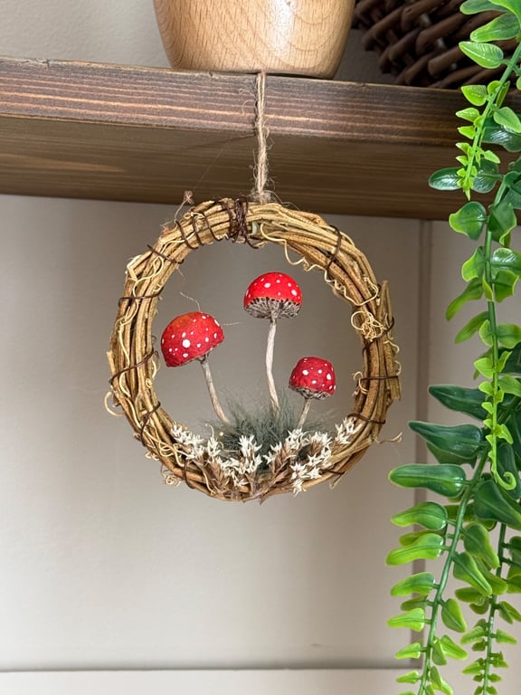 Spun Cotton Mushrooms in Grapevine Hoop Red