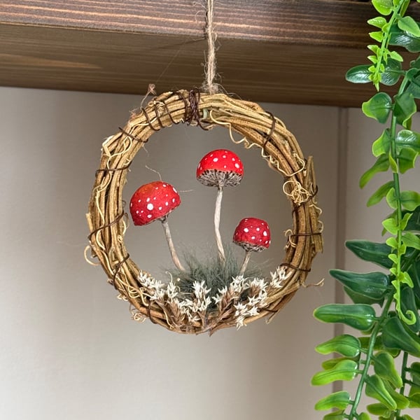 Spun Cotton Mushrooms in Grapevine Hoop Red