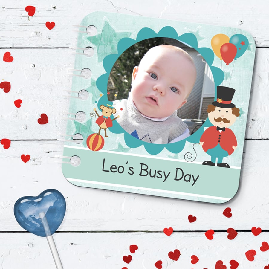 Personalised Baby Board Book, 'Circus' design, handmade toddler baby gift