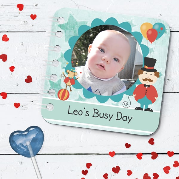 Personalised Baby Board Book, 'Circus' design, handmade toddler baby gift