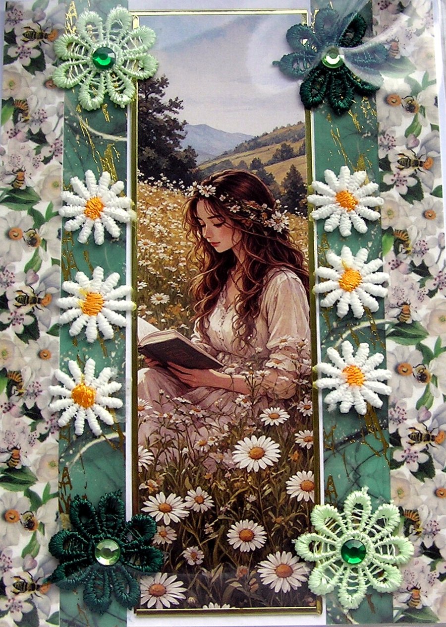 Book Reading Girl - Hand Crafted Decoupage Greeting Card - Blank 3413