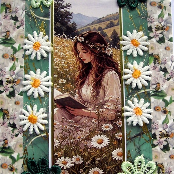Book Reading Girl - Hand Crafted Decoupage Greeting Card - Blank 3413