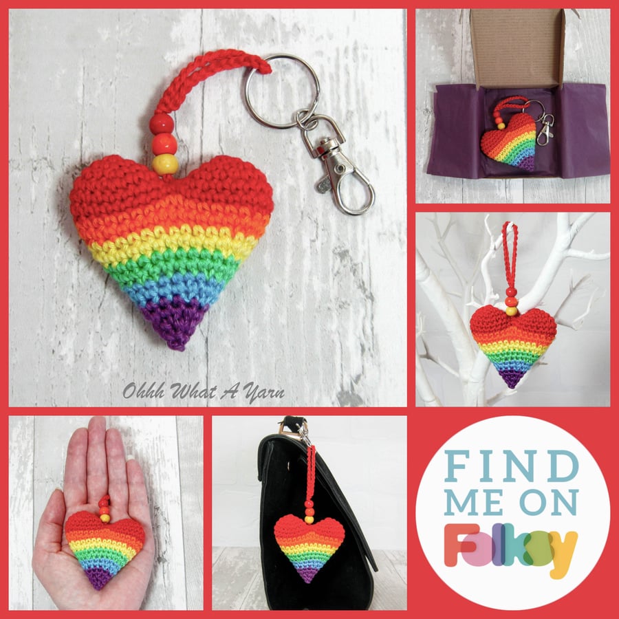 Crochet rainbow heart, heart bag charm, crochet hanging decoration, key ring. 