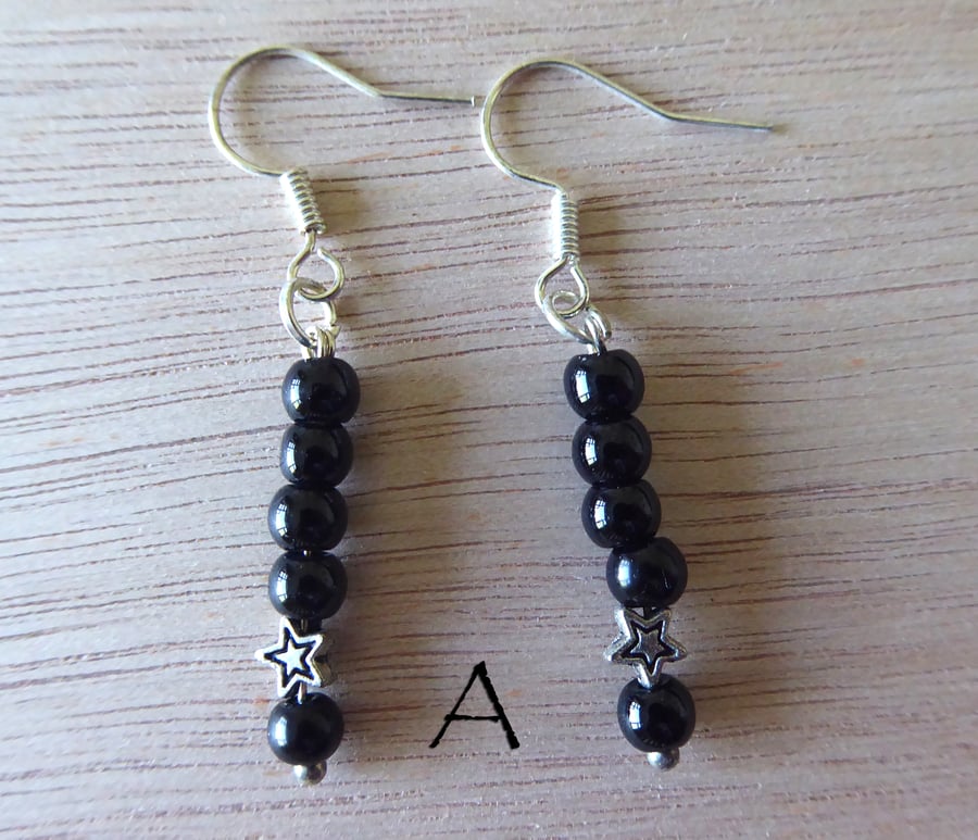 Delicate Black Bead Earrings with Silver stars