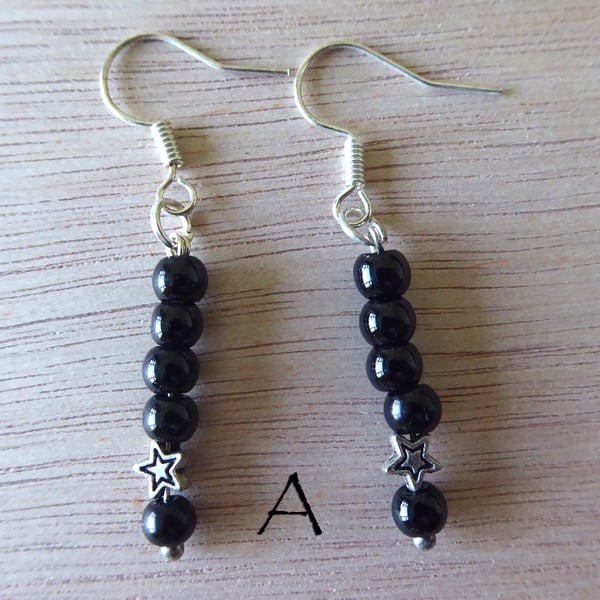 Delicate Black Bead Earrings with Silver stars