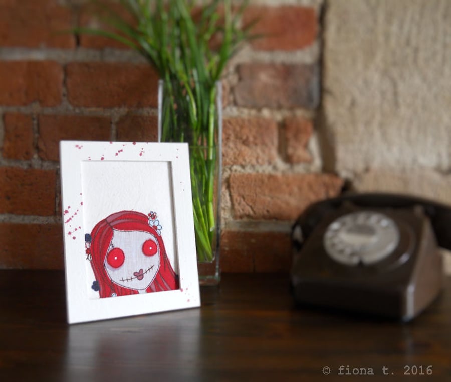 freemotion embroidered zombie lady, framed, A6, red