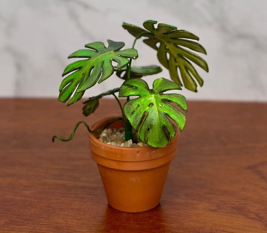 Miniature Monstera Plant - Handmade , 1:12 Scale, Dollhouse plant