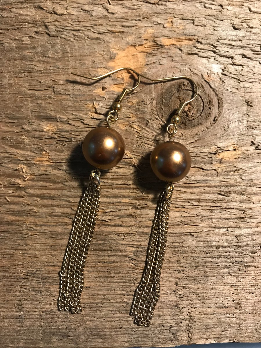 Bronze glass pearl bead with gold tassel earrings