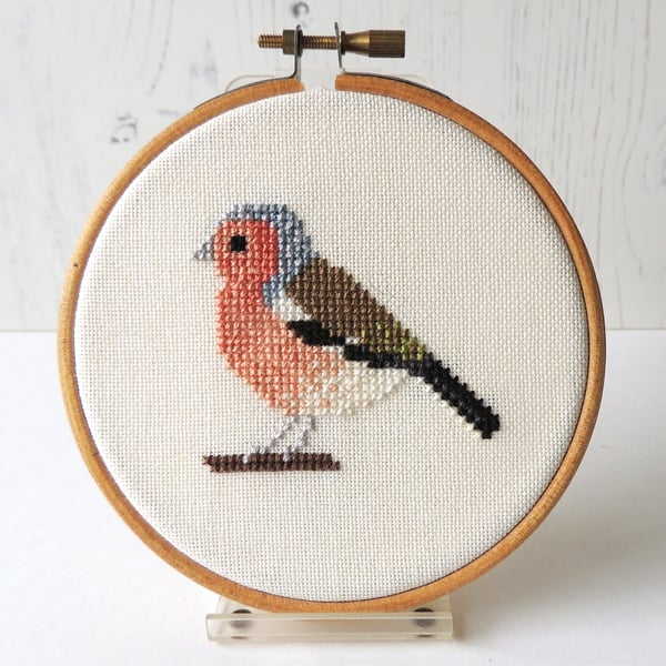 SECONDS SUNDAY chaffinch cross stitch hoop art - 4-inch10cm wooden hoop