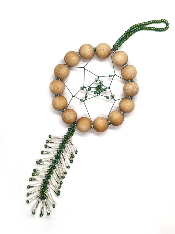 Wooden and green bead small beaded dreamcatcher