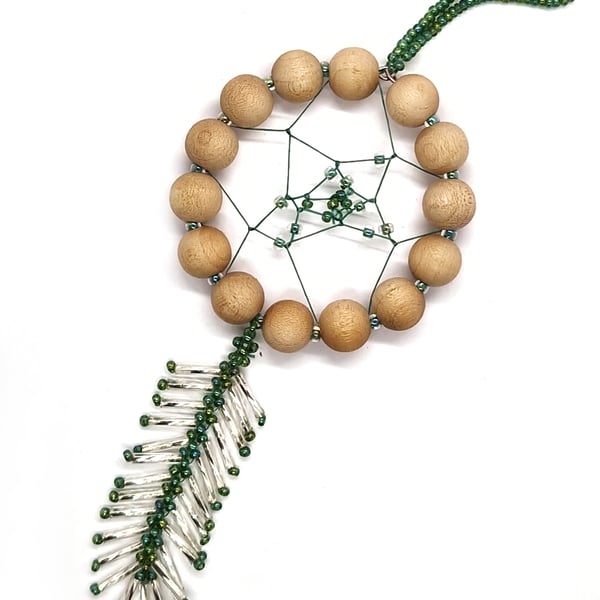 Wooden and green bead small beaded dreamcatcher