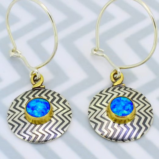 Handmade Zigzag sterling silver earrings with blue opal, stone choice. S.