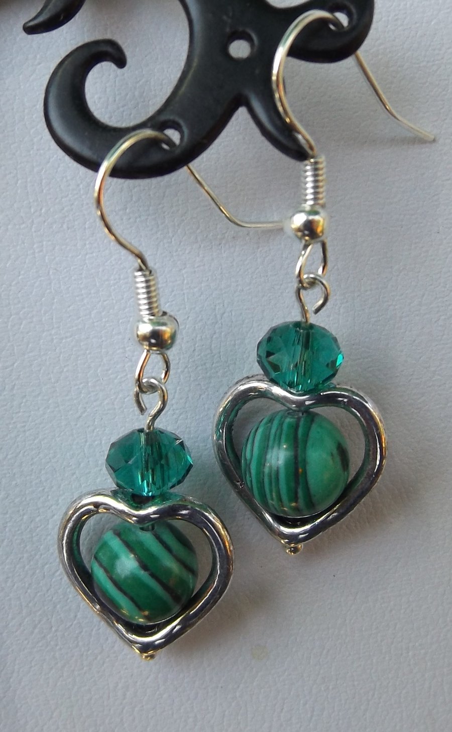 Heart charm dangle earrings with malachite and crystal