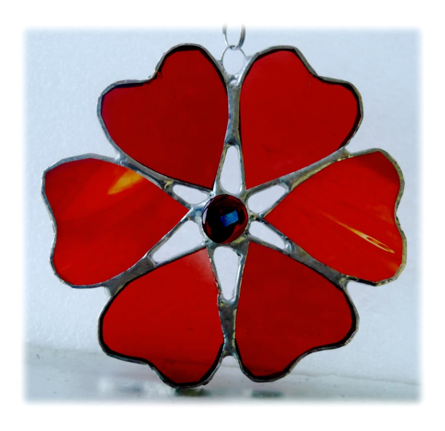 Flower of Hearts Suncatcher Stained Glass Reds 010