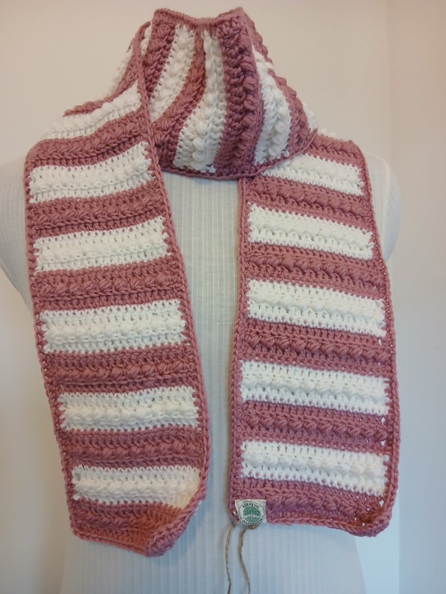 Hand crocheted pink and white bobble stitch scarf