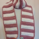 Hand crocheted pink and white bobble stitch scarf