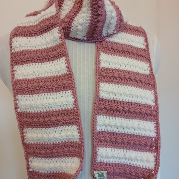 Hand crocheted pink and white bobble stitch scarf