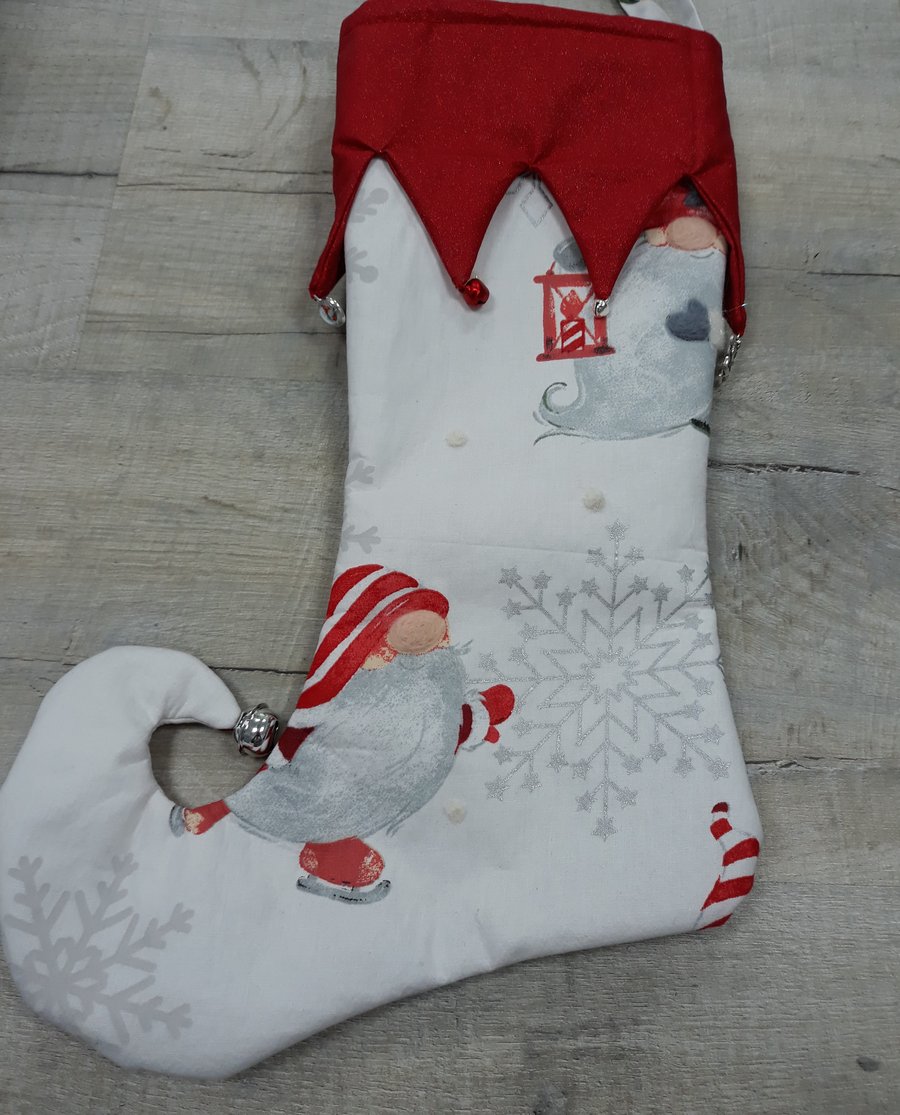 Christmas Elf stocking with red gnomes, bells and charms (refCSR02)