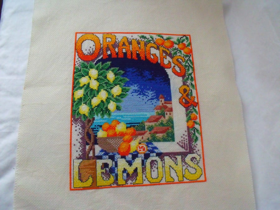 oranges and lemons cross stitch picture ready to frame for your home
