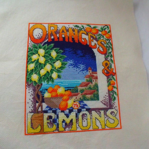 oranges and lemons cross stitch picture ready to frame for your home