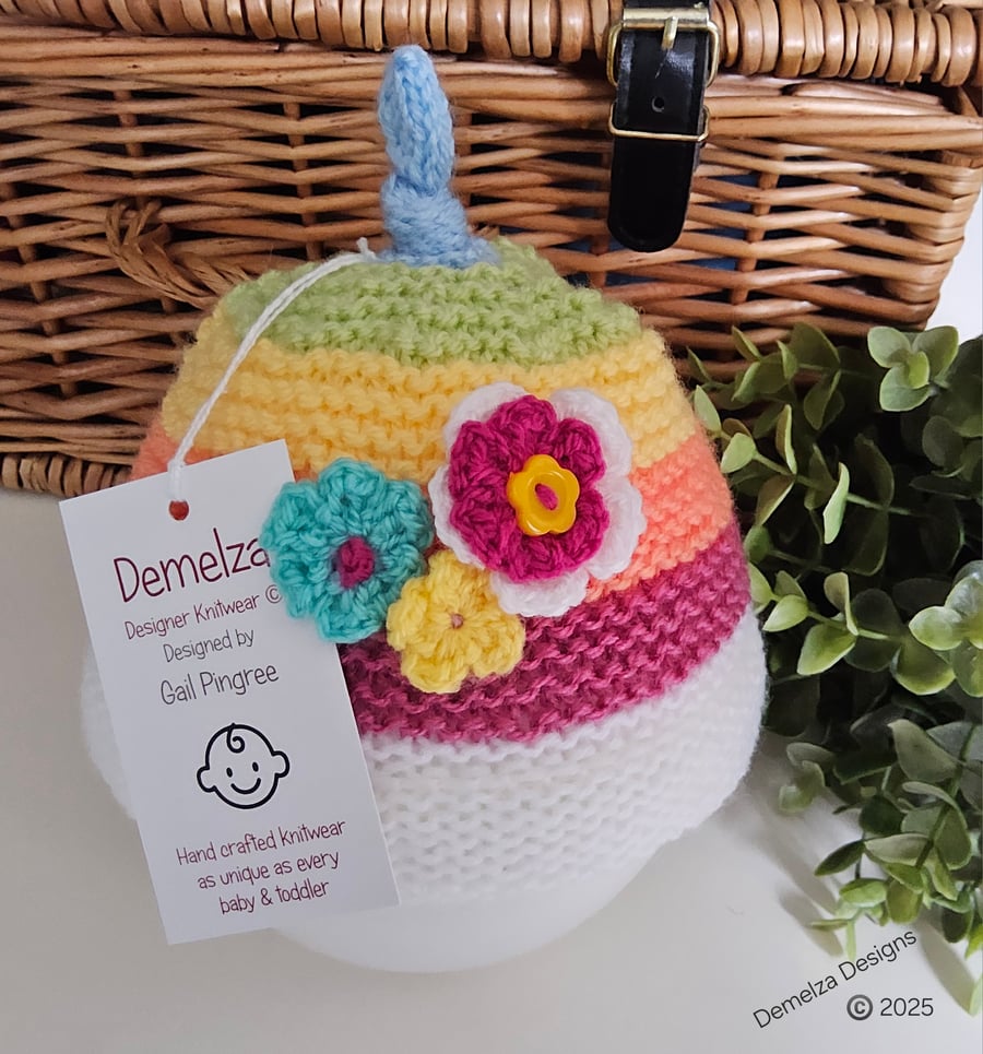 Designer Baby Girl's Hand Knitted Rainbow Flower Hat 3-6 months size 