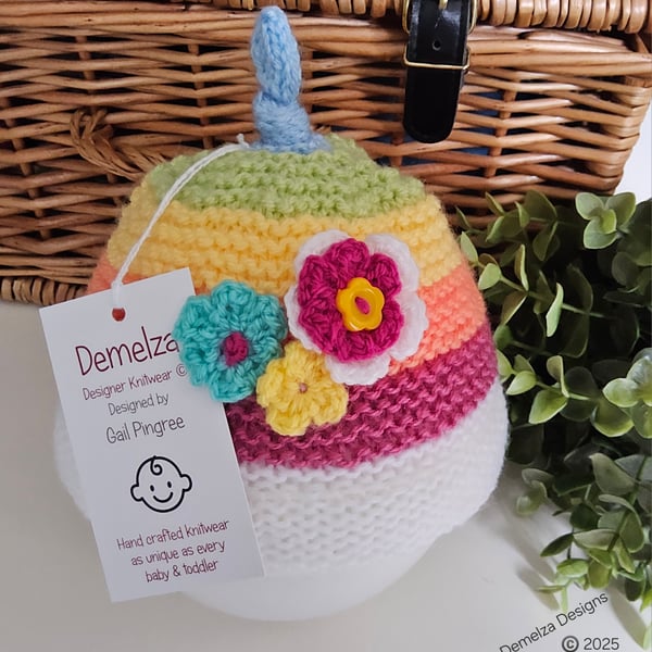 Designer Baby Girl's Hand Knitted Rainbow Flower Hat 3-6 months size 