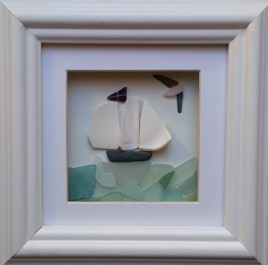 Tall Ship with Sea Pottery Sails, Cornish Gifts