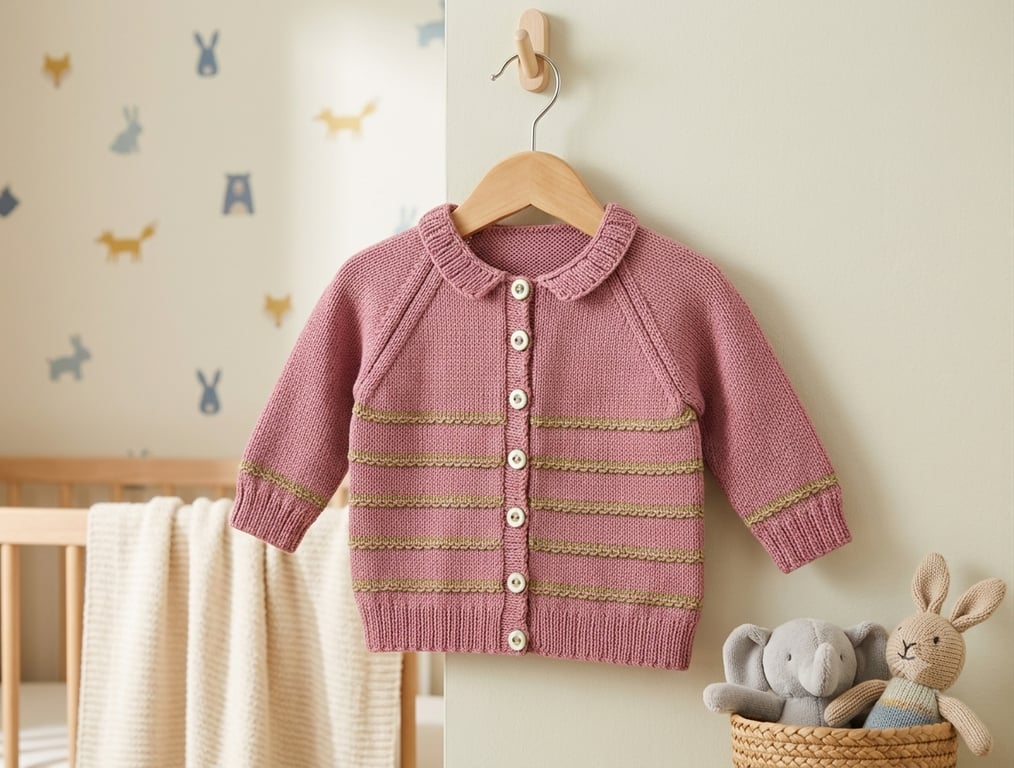 Baby Girl's Hand-knitted Pastel Pink Cardigan With Green Stripe, 6-9 mnths