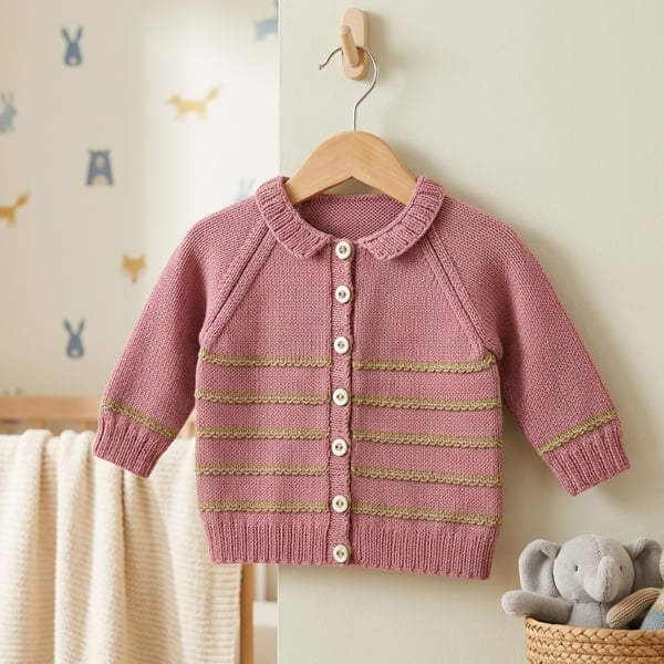 Baby Girl's Hand-knitted Pastel Pink Cardigan With Green Stripe, 6-9 mnths