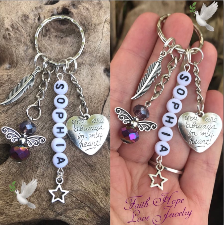 Personalised Rainbow Angel You Are Always In Amy Heart Keyring Memorial 