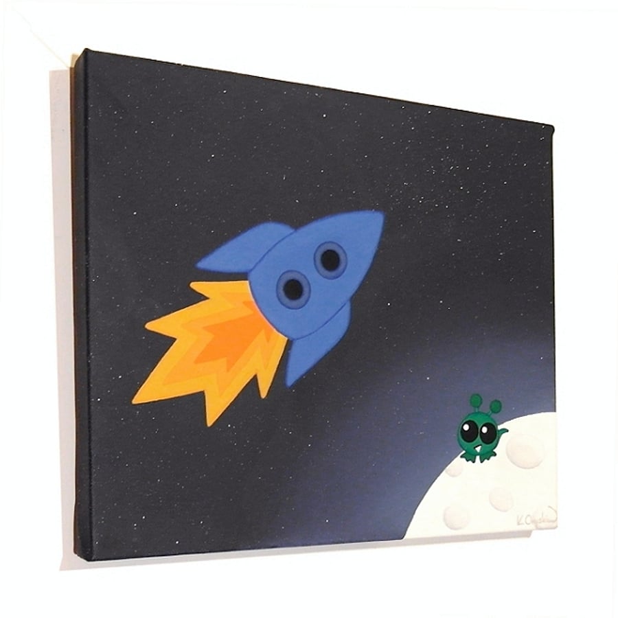 Rocket to the Moon Nursery Art - cute space scene original acrylic painting