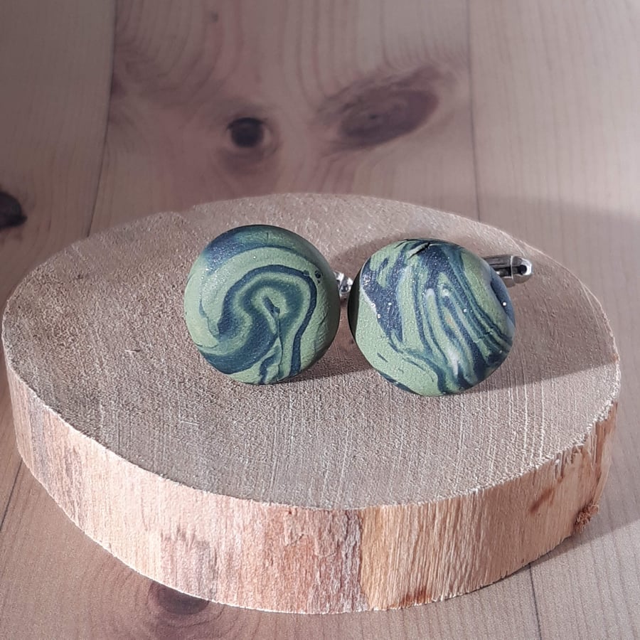 Polymer clay cufflinks in sage and navy, comes with gift box