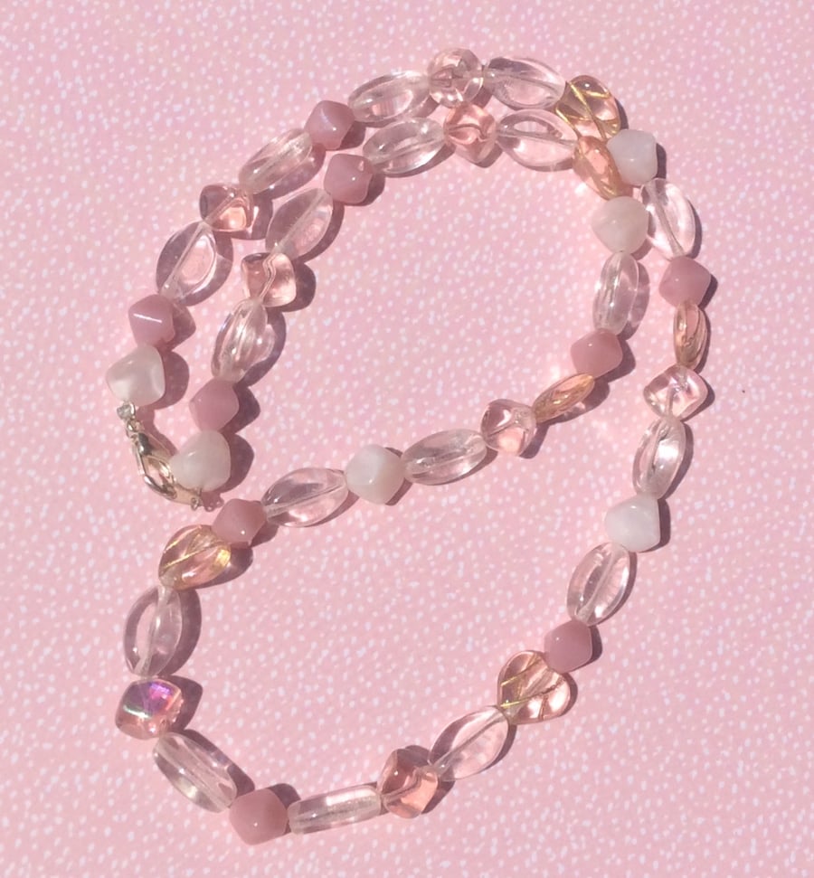 Pastel Pink and Clear Glass Bead Necklace