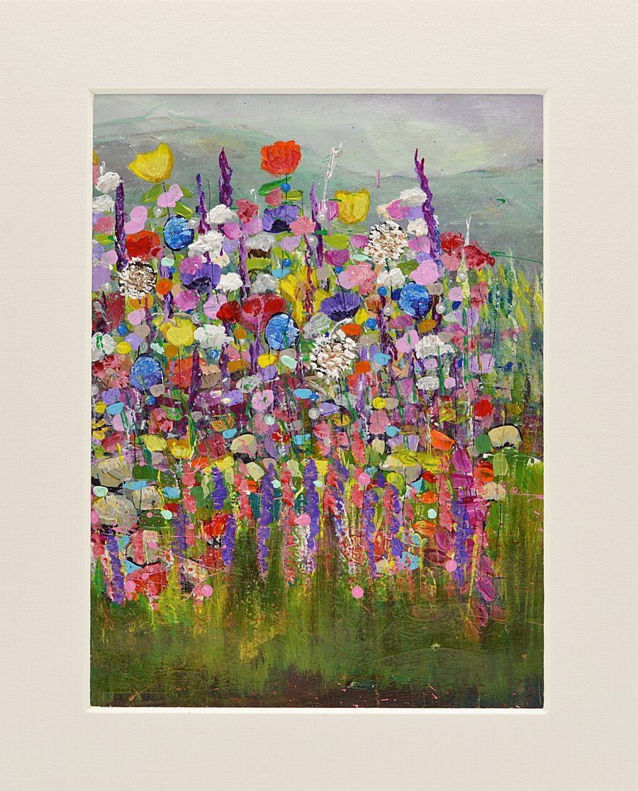 Original Mounted Painting of a Field of Wildflowers. 10 x 8 inches.