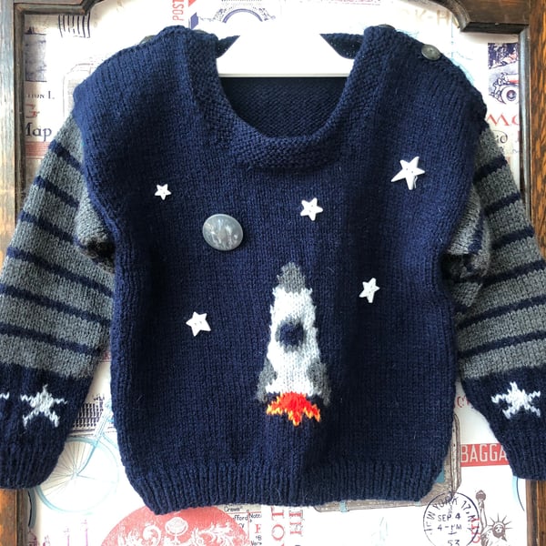Hand knitted Space Rocket jumper age 3-4 years .Money for cat rescue . 