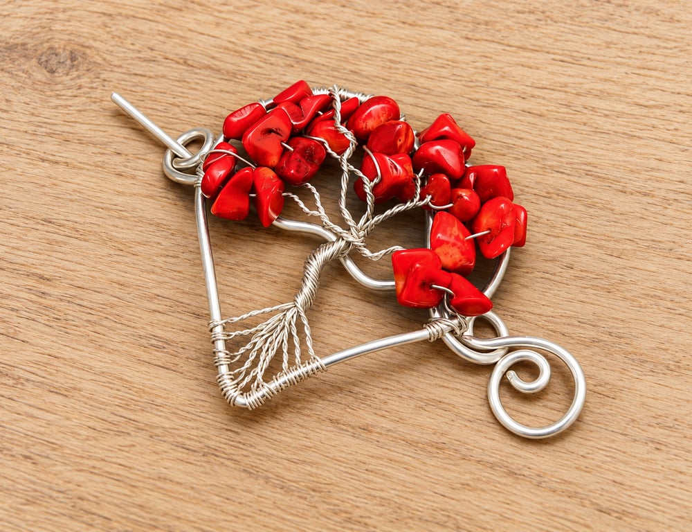 Red Coral Tree of Life Shawl Pin: Silver Plated Copper Hair Slide,