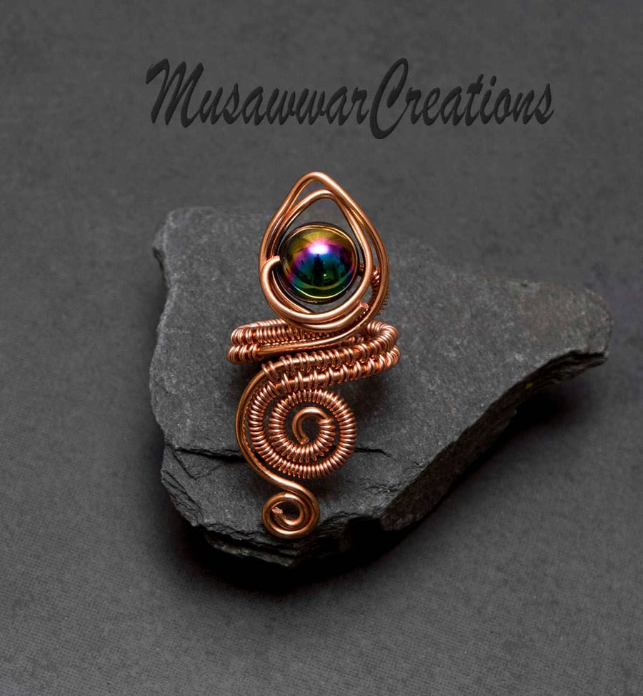 Copper ring,rainbow black agate copper ring, adjustable rings, copper wire ring-